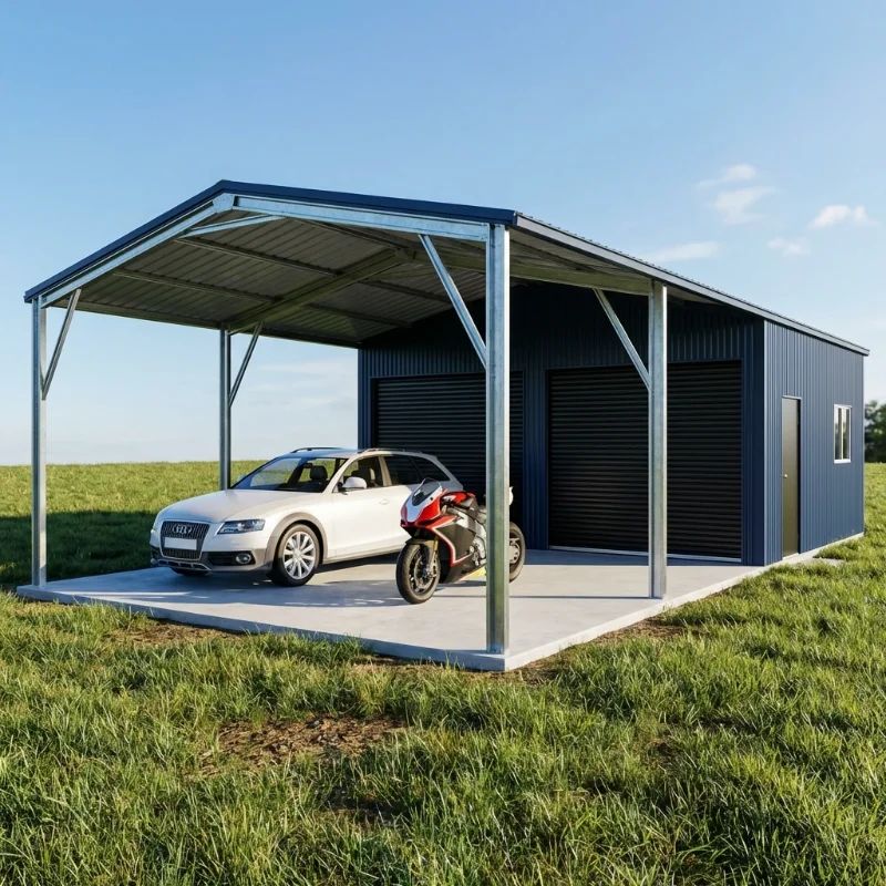 A 4-bay garaport with two enclosed garage bays and two open carport bays in Deep Ocean and Night Sky Colorbond colours.