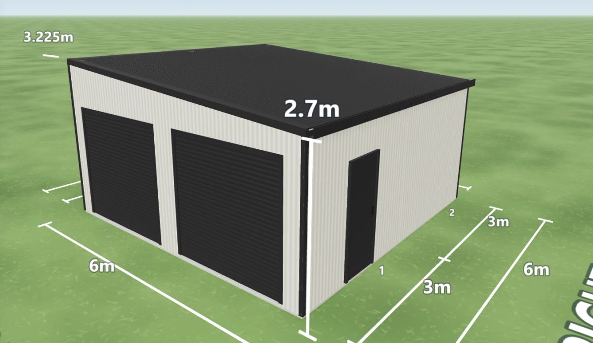 Skillion roof shed 6 m wide by 6 m long with 2.7 m walls, two Monument roller doors 2.4 m wide on the front, one PA door on the left side and one PA door on the right side, Surfmist walls and a Monument skillion roof, shown in the Shed Designer 3D configurator.