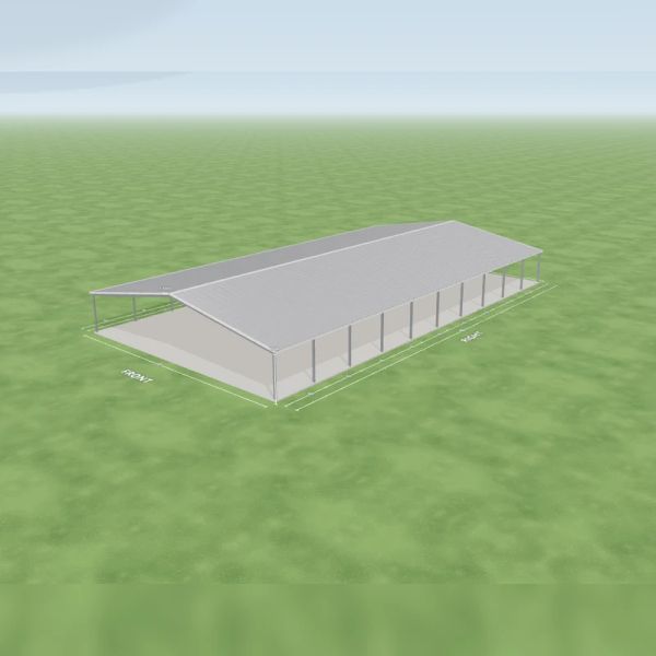 Cattle yard cover in Zincalume and Zincalume, an open front end, an open rear end, ten open bays on the left side and ten open bays on the right side, on a 22 by 40 metre slab.