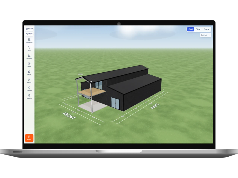 Laptop showing the Shed Designer 3D configurator with a barndominium 4.5 m wide by 20 m long with 5.5 m walls, one sliding door on the internal wall, one sliding door on the right awning end, one sliding door on the left awning end, a 4 m enclosed awning over four bays down the left side, a 4 m enclosed awning over four bays down the right side, an open front end and five mezzanine floors, Monument walls and a Monument American barn roof.