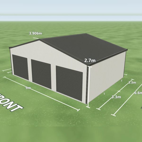 Triple garage in Surfmist and Woodland Grey, three Woodland Grey roller doors 2.4 m wide on the front and one PA door on the rear, on a 9 by 6.6 metre slab.