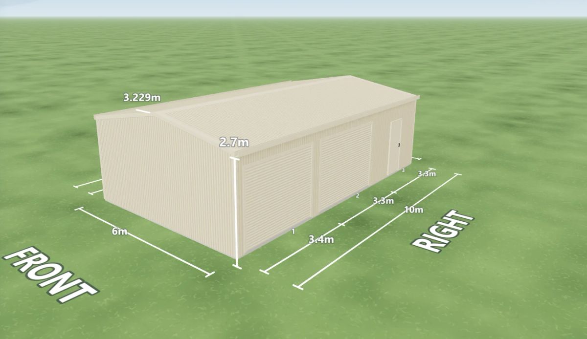 Classic Cream shed 6 m wide by 10 m long with 2.7 m walls, two Classic Cream roller doors and one PA door on the right side, Classic Cream walls and a Classic Cream gable roof, shown in the Shed Designer 3D configurator.