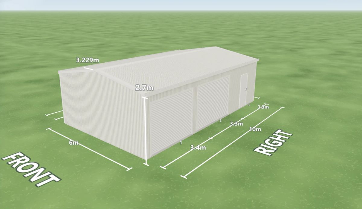 Surfmist shed 6 m wide by 10 m long with 2.7 m walls, two Surfmist roller doors and one PA door on the right side, Surfmist walls and a Surfmist gable roof, shown in the Shed Designer 3D configurator.