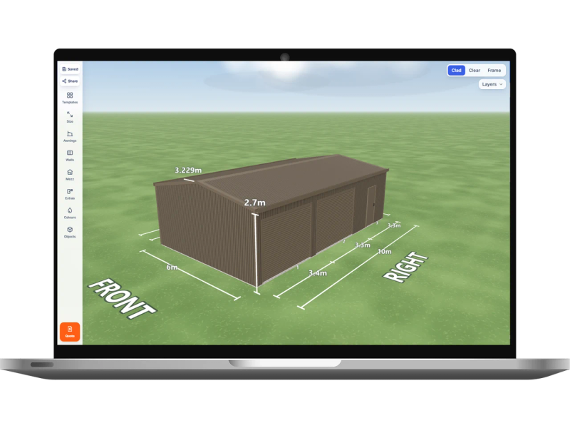 Laptop showing the Shed Designer 3D configurator with a Jasper shed 6 m wide by 10 m long with 2.7 m walls, two Jasper roller doors and one PA door on the right side, Jasper walls and a Jasper gable roof.