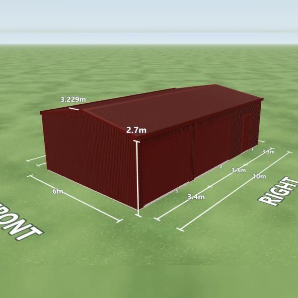 Manor Red shed in Manor Red and Manor Red, two Manor Red roller doors and one PA door on the right side, on a 6 by 10 metre slab.