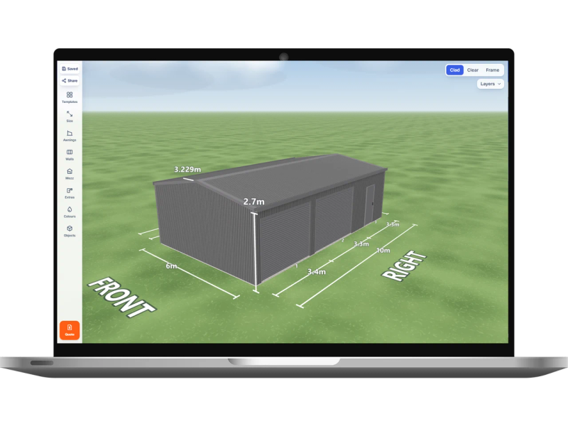 Laptop showing the Shed Designer 3D configurator with a Basalt shed 6 m wide by 10 m long with 2.7 m walls, two Basalt roller doors and one PA door on the right side, Basalt walls and a Basalt gable roof.