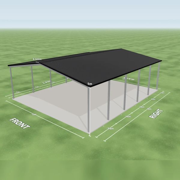 Covers and shelter in Woodland Grey and Monument, an open front end, an open rear end, five open bays on the left side and five open bays on the right side, on a 15 by 18 metre slab.