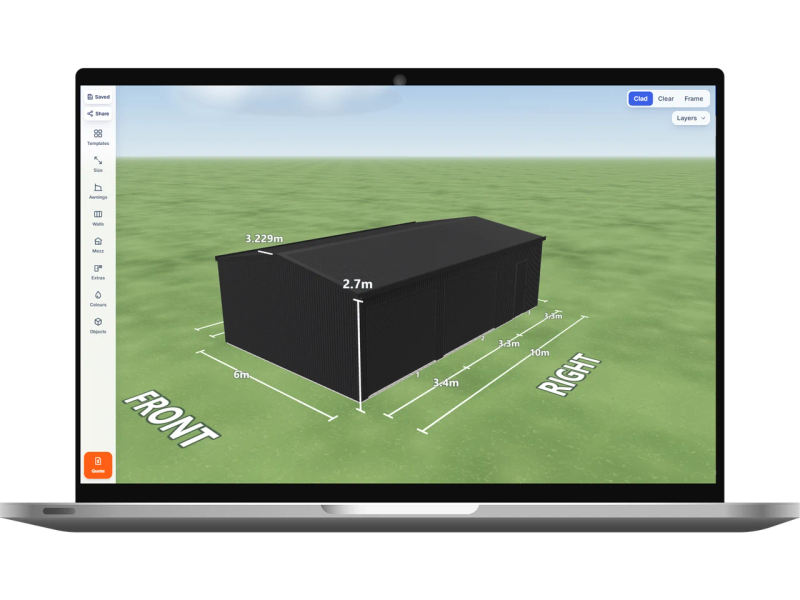 Laptop showing the Shed Designer 3D configurator with a Monument shed 6 m wide by 10 m long with 2.7 m walls, two Monument roller doors and one PA door on the right side, Monument walls and a Monument gable roof.