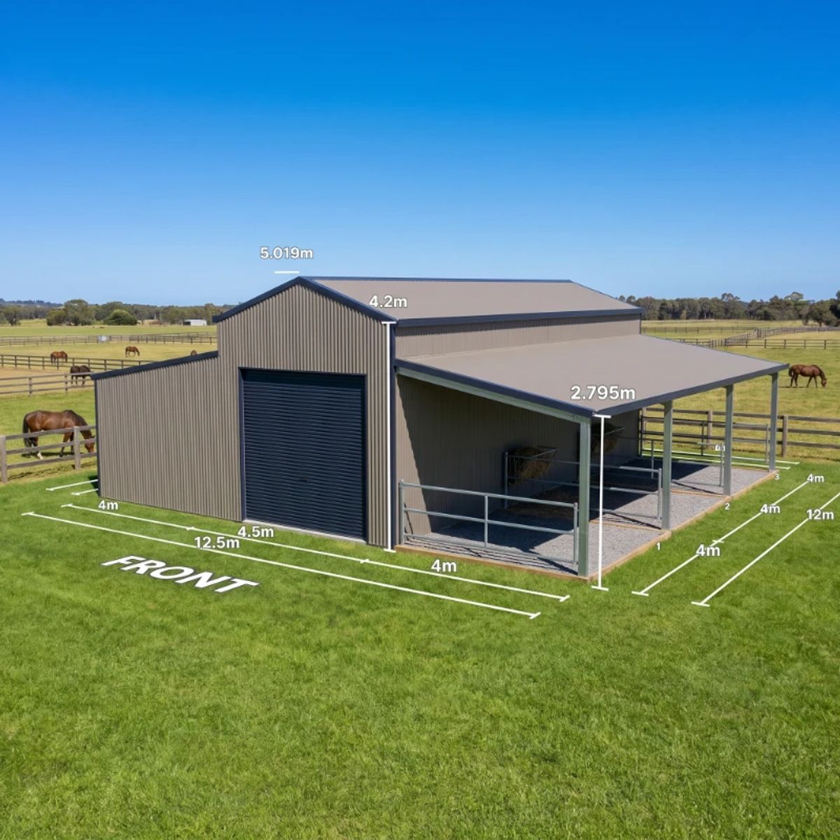 A 3D render of a horse barn featuring a central enclosed workshop and a 3-bay open lean-to for horses.