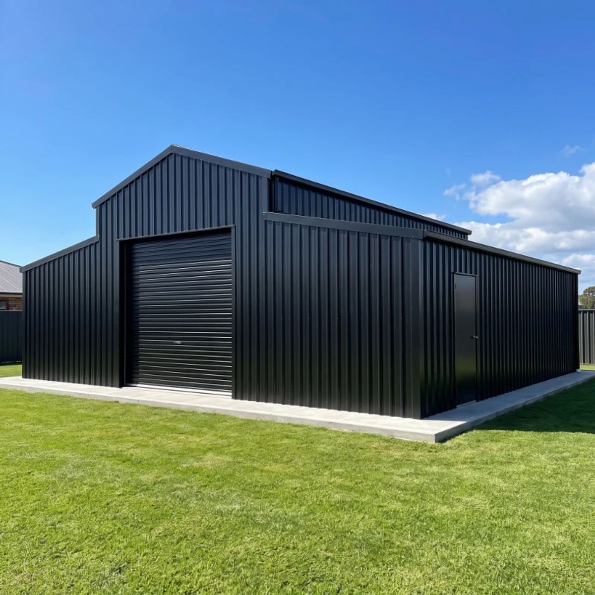 American barn with Monument cladding and Night Sky roller doors on a concrete base with green grass.