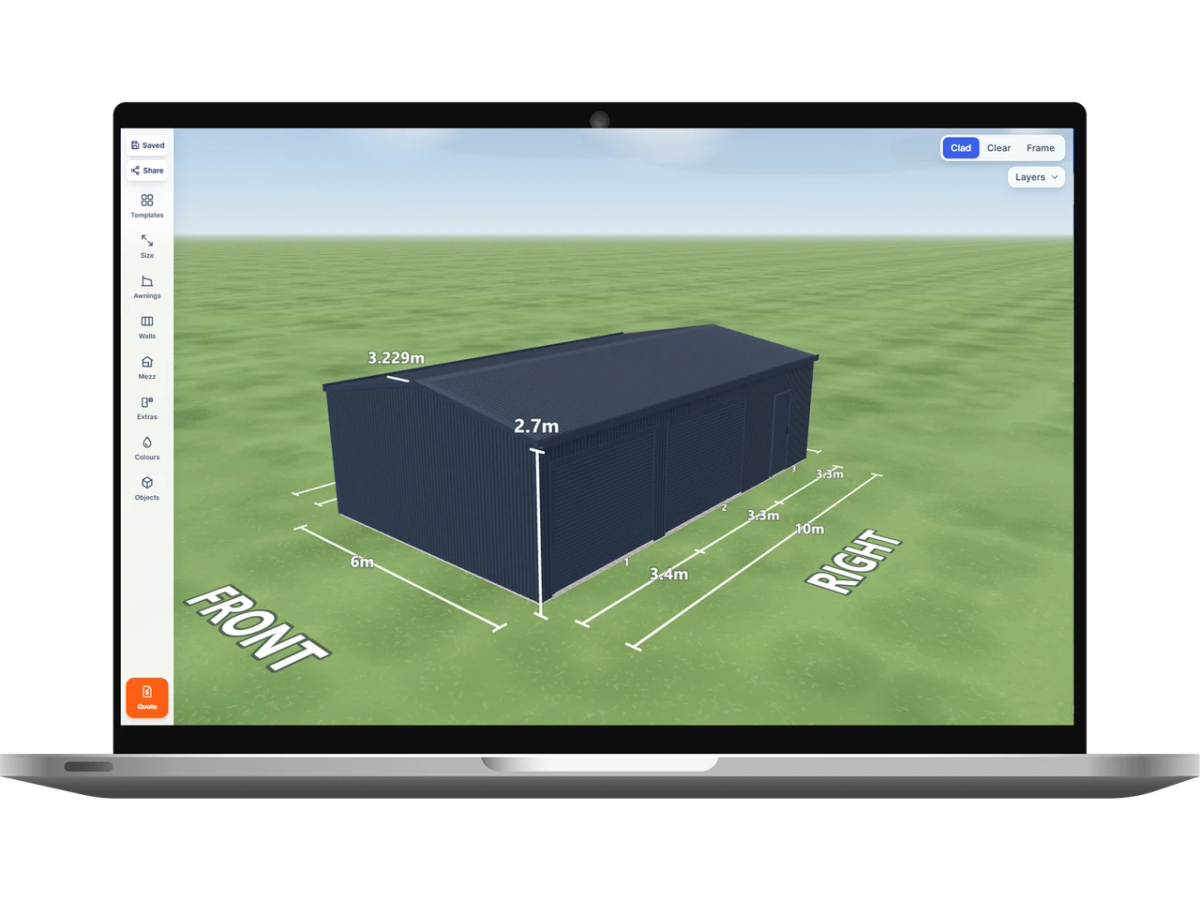 Laptop showing the Shed Designer 3D configurator with a Deep Ocean shed 6 m wide by 10 m long with 2.7 m walls, two Deep Ocean roller doors and one PA door on the right side, Deep Ocean walls and a Deep Ocean gable roof.