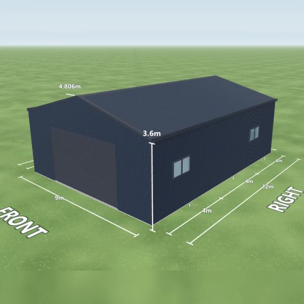 Gable roof shed in Deep Ocean and Deep Ocean, one Ironstone roller door 5 m wide on the front, one PA door on the left side, two windows on the right side, one skylight and two whirlybirds, on a 9 by 12 metre slab.