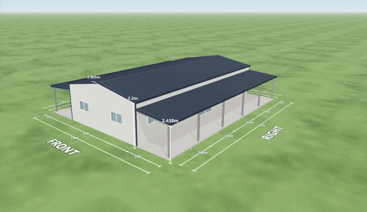 Class 1a liveable shed 8 m wide by 17 m long with 3.2 m walls, one sliding door and four windows on the right side, two windows on the front, a 3 m open awning down the left side and a 3 m open awning down the right side, Dover White walls and a Deep Ocean gable roof, shown in the Shed Designer 3D configurator.