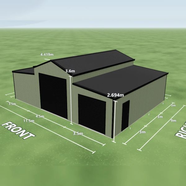 Caravan shed in Pale Eucalypt and Monument, one Night Sky roller door 3.3 m wide on the front, one Night Sky roller door 2.4 m wide on the right awning end, one PA door on the right side, a 3.5 m enclosed awning down the left side and a 3.5 m enclosed awning down the right side, on a 4.5 by 9 metre slab.