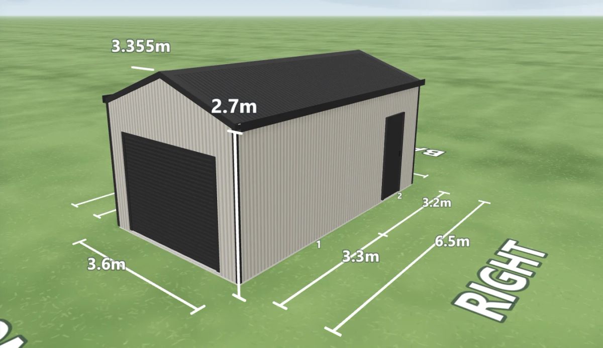 Single garage 3.6 m wide by 6.5 m long with 2.7 m walls, one Monument roller door on the front gable end, a PA door on the right side and a rear window, Dune walls and a Monument roof, shown in the Shed Designer 3D configurator.