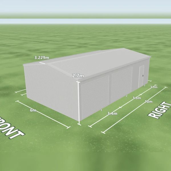 Shale Grey shed in Shale Grey and Shale Grey, two Shale Grey roller doors and one PA door on the right side, on a 6 by 10 metre slab.
