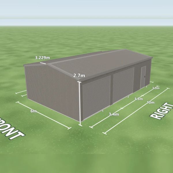 Wallaby shed in Wallaby and Wallaby, two Wallaby roller doors and one PA door on the right side, on a 6 by 10 metre slab.