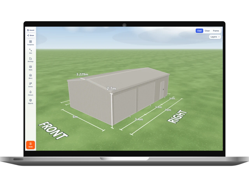 Laptop showing the Shed Designer 3D configurator with a Dune shed 6 m wide by 10 m long with 2.7 m walls, two Dune roller doors and one PA door on the right side, Dune walls and a Dune gable roof.