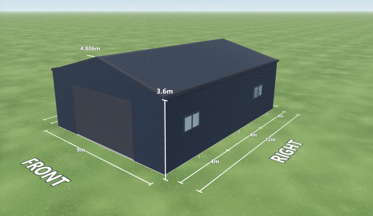 Gable roof shed 9 m wide by 12 m long with 3.6 m walls, one Ironstone roller door 5 m wide on the front, one PA door on the left side, two windows on the right side, one skylight and two whirlybirds, Deep Ocean walls and a Deep Ocean gable roof, shown in the Shed Designer 3D configurator.