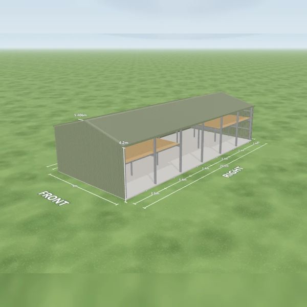 Sheds with mezzanine in Pale Eucalypt and Pale Eucalypt, six open bays on the right side and four mezzanine floors, on a 9 by 20.5 metre slab.