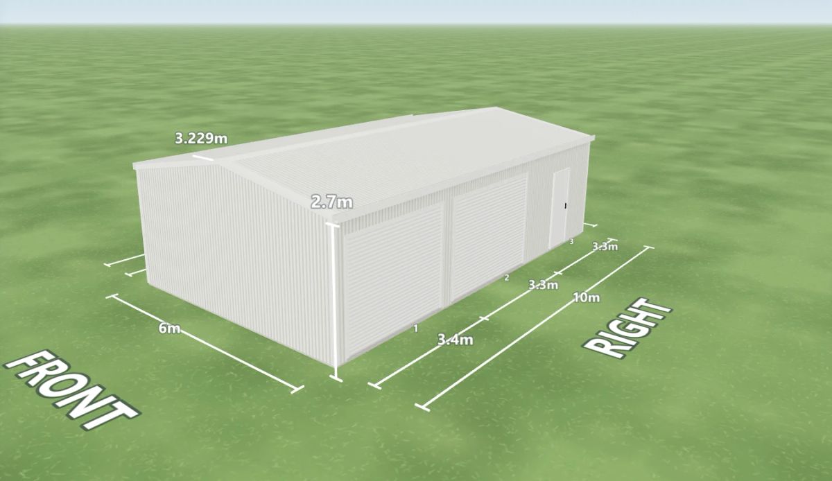 Dover White shed 6 m wide by 10 m long with 2.7 m walls, two Dover White roller doors and one PA door on the right side, Dover White walls and a Dover White gable roof, shown in the Shed Designer 3D configurator.