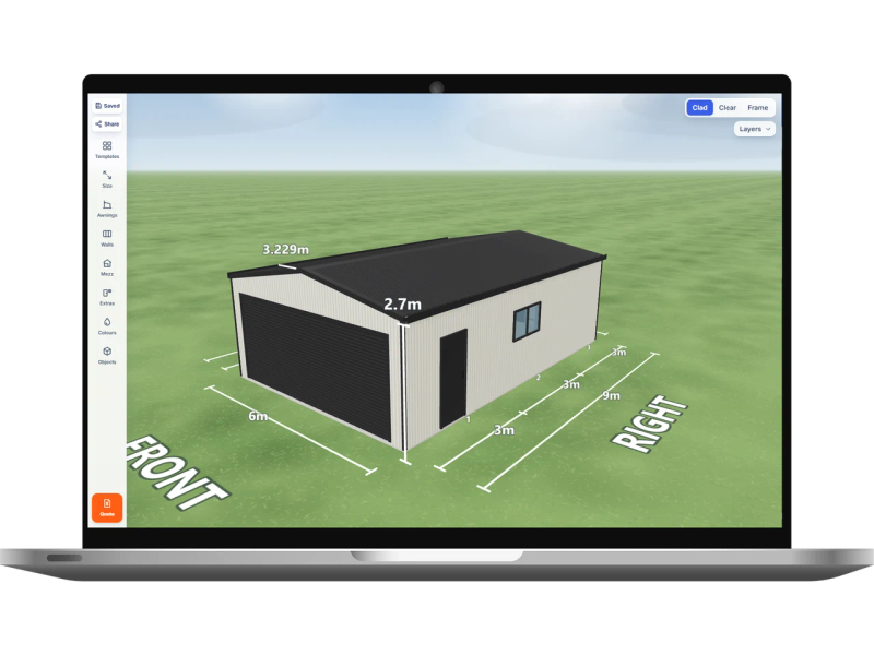 Laptop showing the Shed Designer 3D configurator with a shed kit 6 m wide by 9 m long with 2.7 m walls, one Monument roller door 5.3 m wide on the front, one PA door on the rear and one PA door and one window on the right side, Surfmist walls and a Monument gable roof.
