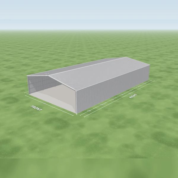 Open gable farm shed in Zincalume and Zincalume, an open front end and an open rear end, on a 16 by 30 metre slab.