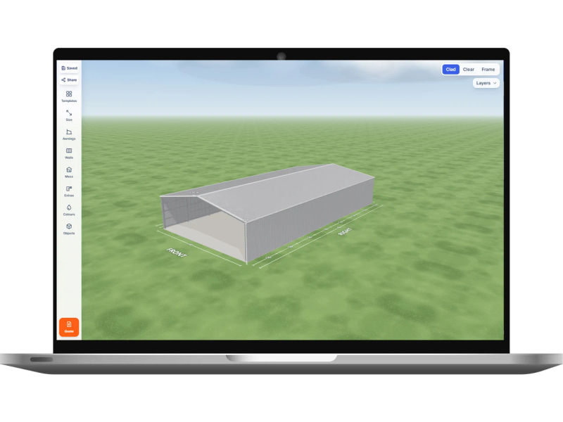 Laptop showing the Shed Designer 3D configurator with a open gable farm shed 16 m wide by 30 m long with 4.5 m walls, an open front end and an open rear end, Zincalume walls and a Zincalume gable roof.