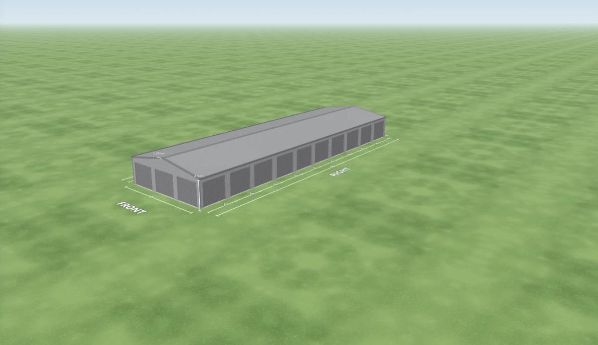 Self storage shed 9 m wide by 30 m long with 2.5 m walls, three Basalt roller doors 2.4 m wide on the front, ten Basalt roller doors 2.4 m wide on the right side, three Basalt roller doors 2.4 m wide on the rear and ten Basalt roller doors 2.4 m wide on the left side, Bluegum walls and a Bluegum gable roof, shown in the Shed Designer 3D configurator.