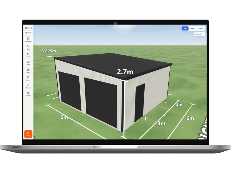 Laptop showing the Shed Designer 3D configurator with a skillion roof shed 6 m wide by 6 m long with 2.7 m walls, two Monument roller doors 2.4 m wide on the front, one PA door on the left side and one PA door on the right side, Surfmist walls and a Monument skillion roof.
