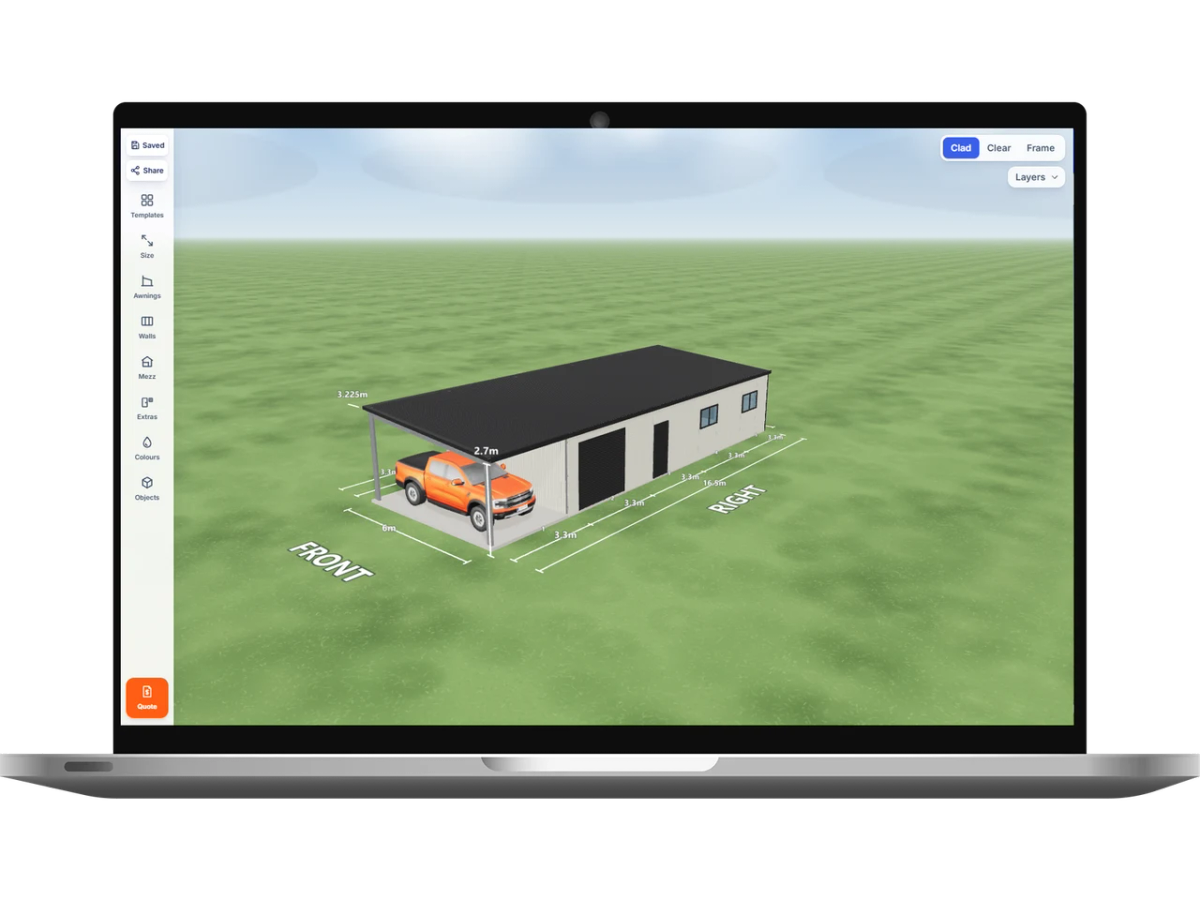 Laptop showing the Shed Designer 3D configurator with a workshop shed 6 m wide by 16.5 m long with 2.7 m walls, one Monument roller door 2.4 m wide, one PA door and two windows on the right side, one PA door on the rear, an open front end, one open bay on the left side and one open bay on the right side, Surfmist walls and a Monument skillion roof.