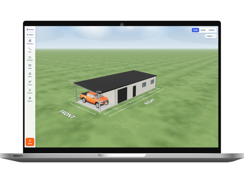 Laptop showing the Shed Designer 3D configurator with a workshop shed 6 m wide by 16.5 m long with 2.7 m walls, one Monument roller door 2.4 m wide, one PA door and two windows on the right side, one PA door on the rear, an open front end, one open bay on the left side and one open bay on the right side, Surfmist walls and a Monument skillion roof.