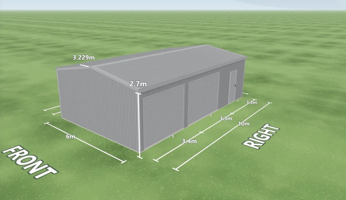 Bluegum shed 6 m wide by 10 m long with 2.7 m walls, two Bluegum roller doors and one PA door on the right side, Bluegum walls and a Bluegum gable roof, shown in the Shed Designer 3D configurator.