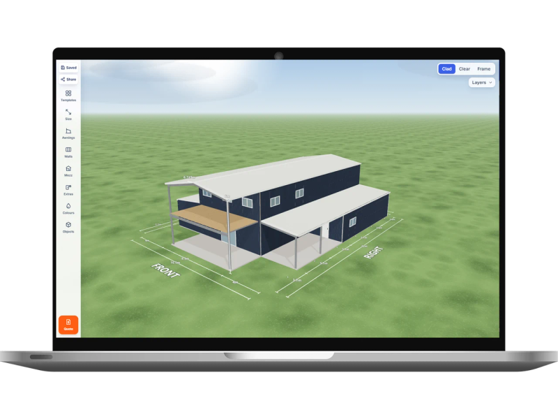 Laptop showing the Shed Designer 3D configurator with a kit home 8.5 m wide by 22 m long with 6 m walls, one sliding door, one PA door and three windows on the internal wall, three windows on the right side, a 4 m enclosed awning over five bays down the left side, a 4 m enclosed awning over five bays down the right side, an open front end and five mezzanine floors, Deep Ocean walls and a Dover White gable roof.