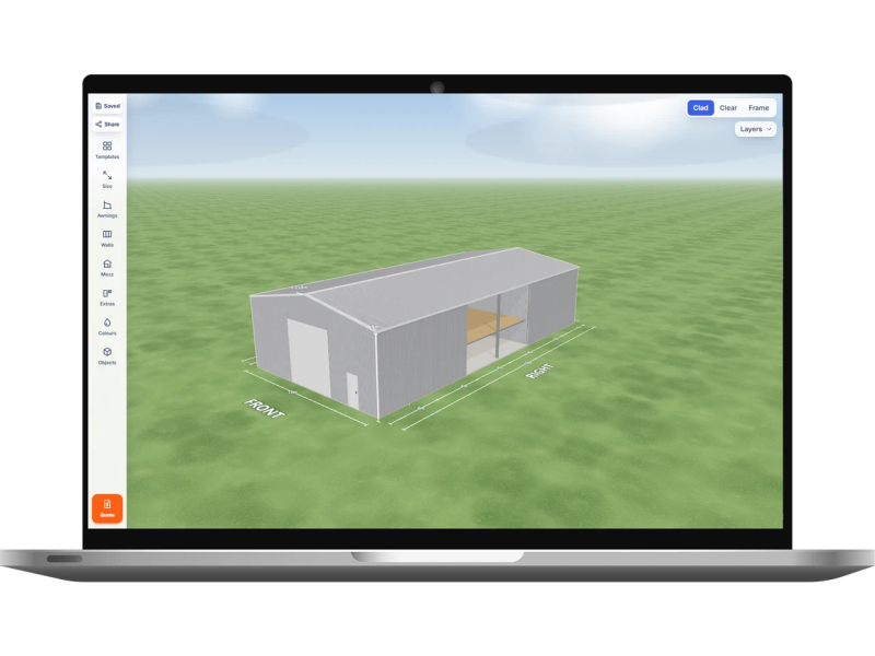 Laptop showing the Shed Designer 3D configurator with a shearing shed 12 m wide by 24 m long with 5 m walls, one Zincalume roller door 3.9 m wide and one PA door on the front, two open bays on the right side and four mezzanine floors, Zincalume walls and a Zincalume gable roof.