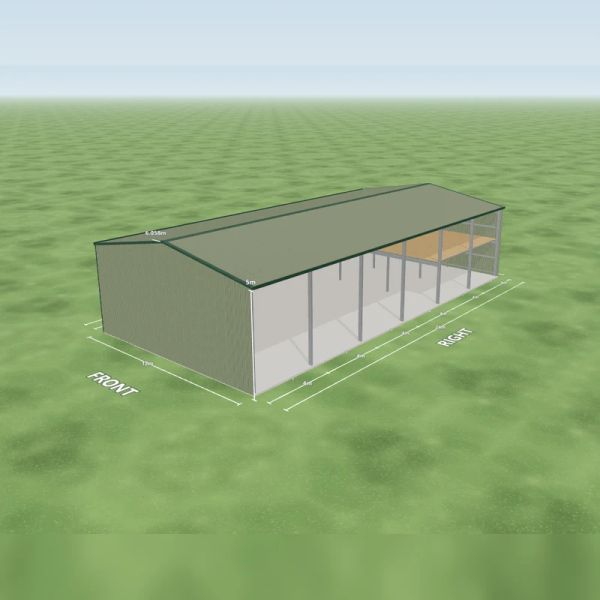 Storage shed in Pale Eucalypt and Pale Eucalypt, six open bays on the right side and two mezzanine floors, on a 12 by 24 metre slab.