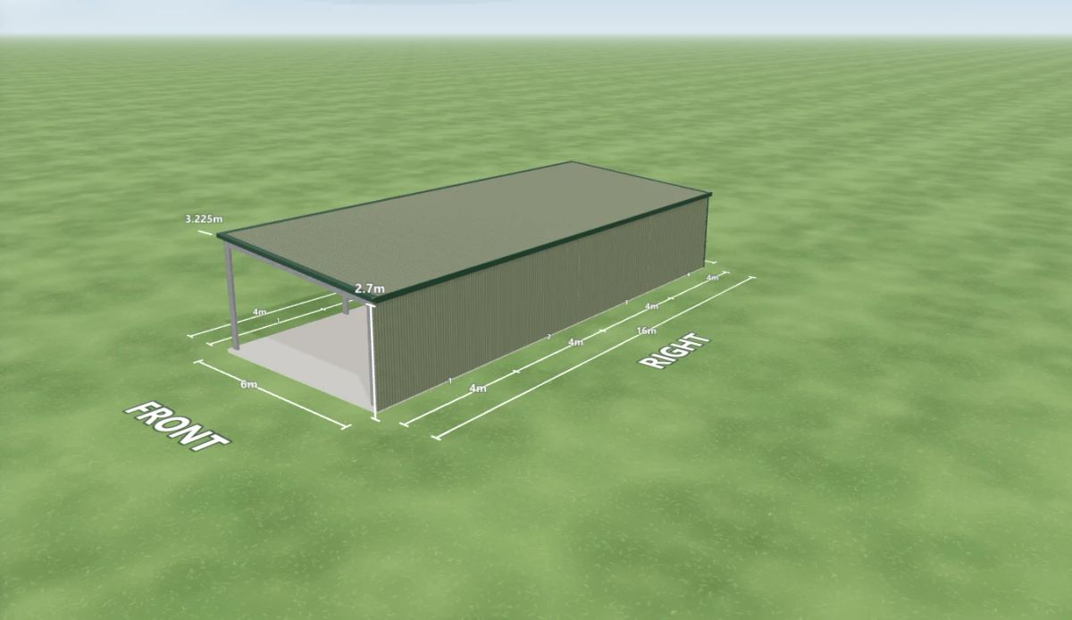 Horse shed 6 m wide by 16 m long with 2.7 m walls, one Cottage Green roller door 2.4 m wide on the left side, one PA door on the internal wall, an open front end and two open bays on the left side, Pale Eucalypt walls and a Pale Eucalypt skillion roof, shown in the Shed Designer 3D configurator.