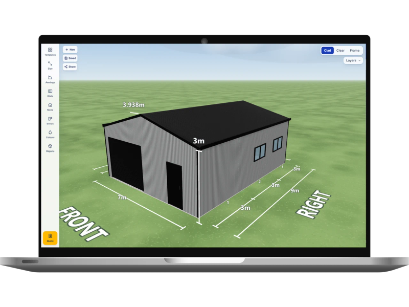 Laptop showing the Shed Designer 3D configurator with a garage with workshop 7 m wide by 9 m long with 3 m walls, one Night Sky roller door and a PA door on the front gable end and two windows along the right side workshop wall, Windspray walls and a Night Sky roof.