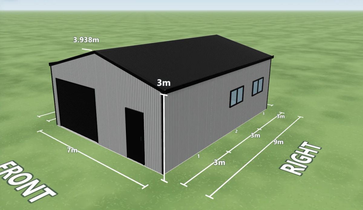 Garage with workshop 7 m wide by 9 m long with 3 m walls, one Night Sky roller door and a PA door on the front gable end and two windows along the right side workshop wall, Windspray walls and a Night Sky roof, shown in the Shed Designer 3D configurator.