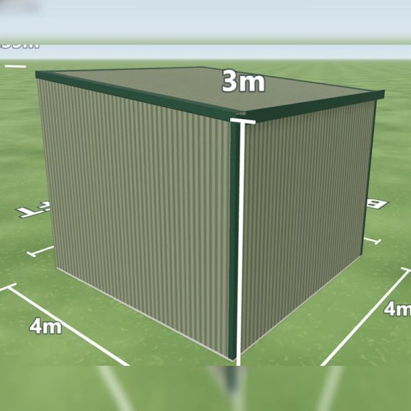Horse paddock shelters and cover in Pale Eucalypt and Pale Eucalypt, one open bay on the left side, on a 4 by 4 metre slab.