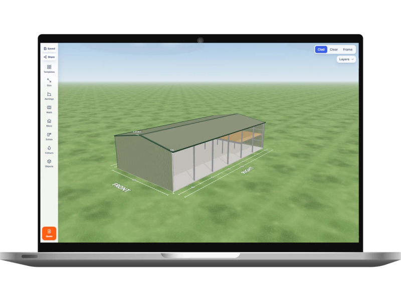 Laptop showing the Shed Designer 3D configurator with a storage shed 12 m wide by 24 m long with 5 m walls, six open bays on the right side and two mezzanine floors, Pale Eucalypt walls and a Pale Eucalypt gable roof.