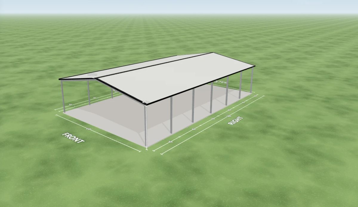 Sport covers and shed 15 m wide by 24 m long with 4.4 m walls, an open front end, an open rear end, six open bays on the left side and six open bays on the right side, Night Sky walls and a Dover White gable roof, shown in the Shed Designer 3D configurator.