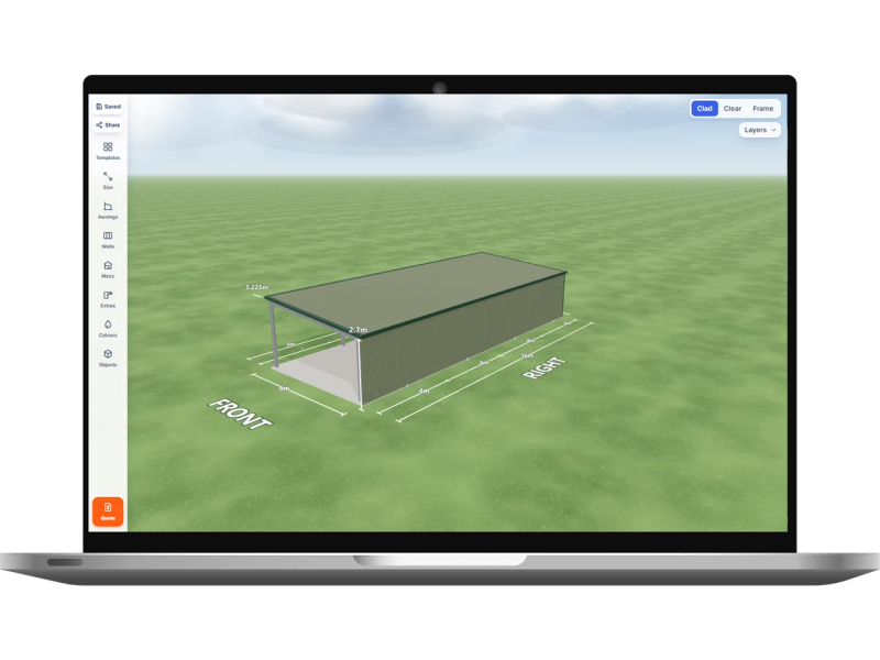 Laptop showing the Shed Designer 3D configurator with a horse shed 6 m wide by 16 m long with 2.7 m walls, one Cottage Green roller door 2.4 m wide on the left side, one PA door on the internal wall, an open front end and two open bays on the left side, Pale Eucalypt walls and a Pale Eucalypt skillion roof.
