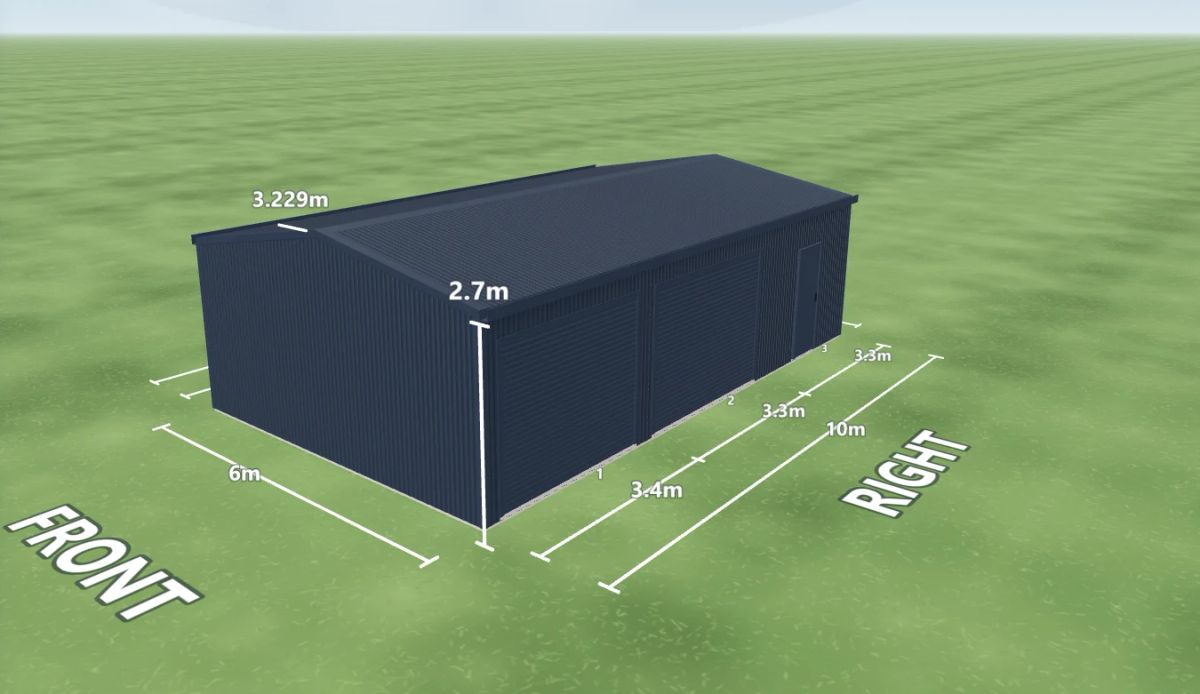 Ironstone shed 6 m wide by 10 m long with 2.7 m walls, two Deep Ocean roller doors and one PA door on the right side, Deep Ocean walls and a Deep Ocean gable roof, shown in the Shed Designer 3D configurator.