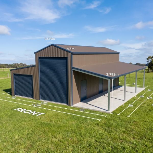 Jasper Horse Float Barn with Deep Ocean trim, featuring a high central bay and two side lean-tos on a concrete slab.