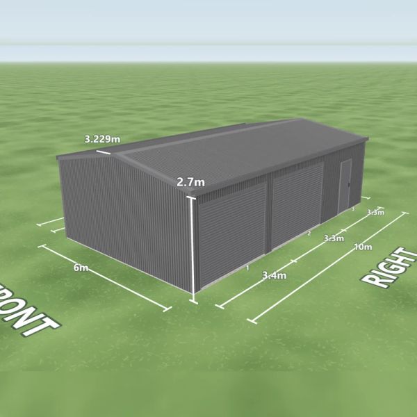Basalt shed in Basalt and Basalt, two Basalt roller doors and one PA door on the right side, on a 6 by 10 metre slab.