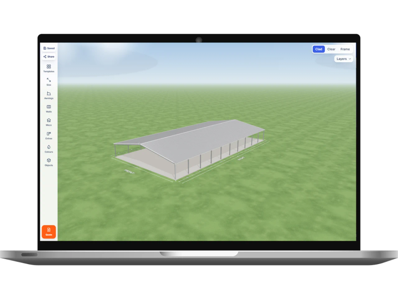 Laptop showing the Shed Designer 3D configurator with a cattle yard cover 22 m wide by 40 m long with 3.5 m walls, an open front end, an open rear end, ten open bays on the left side and ten open bays on the right side, Zincalume walls and a Zincalume gable roof.
