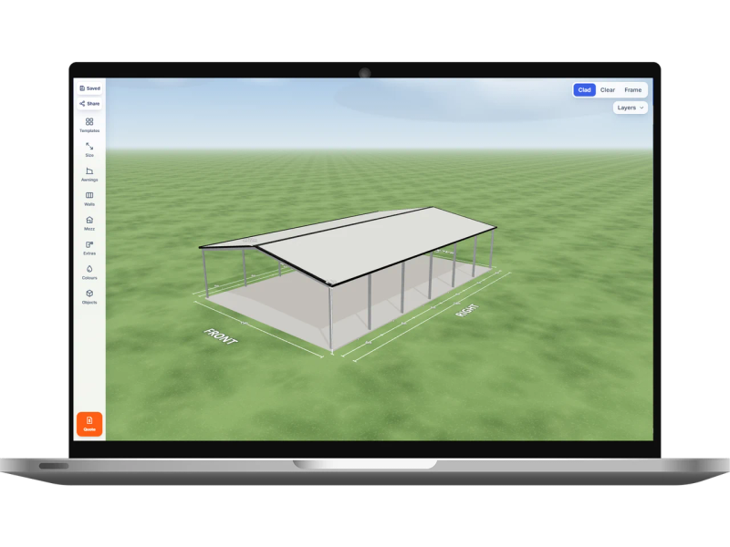 Laptop showing the Shed Designer 3D configurator with a sport covers and shed 15 m wide by 24 m long with 4.4 m walls, an open front end, an open rear end, six open bays on the left side and six open bays on the right side, Night Sky walls and a Dover White gable roof.