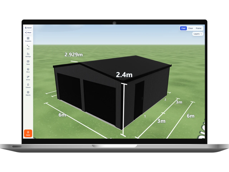 Laptop showing the Shed Designer 3D configurator with a double garage 6 m wide by 6 m long with 2.4 m walls, two Night Sky roller doors on the front and one PA door on the right side, Monument walls and a Night Sky gable roof.