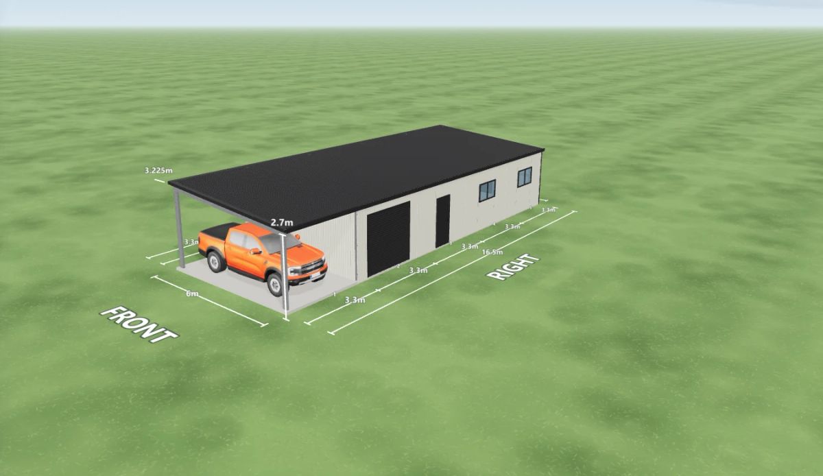 Workshop shed 6 m wide by 16.5 m long with 2.7 m walls, one Monument roller door 2.4 m wide, one PA door and two windows on the right side, one PA door on the rear, an open front end, one open bay on the left side and one open bay on the right side, Surfmist walls and a Monument skillion roof, shown in the Shed Designer 3D configurator.